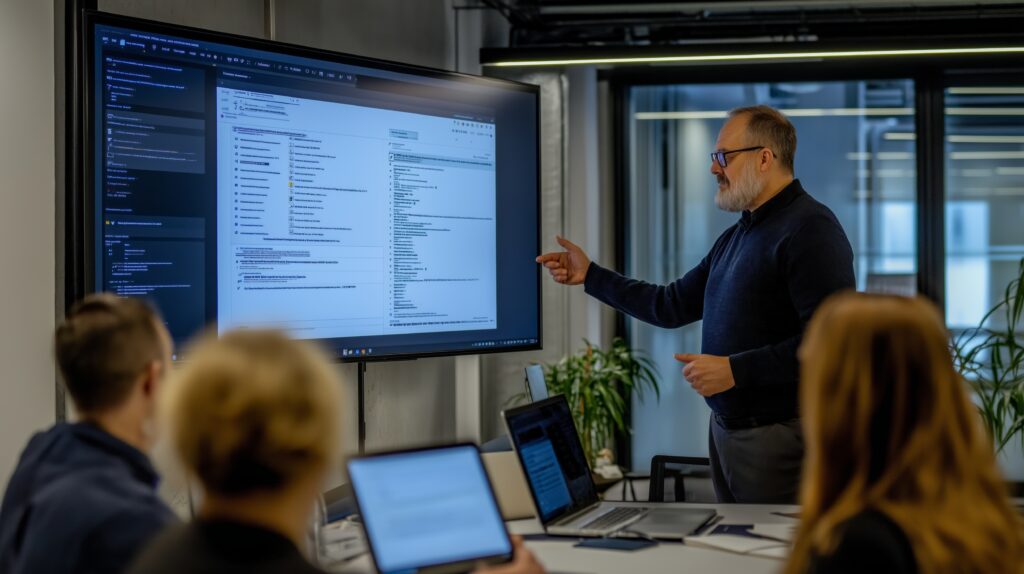 A group of colleagues participates in a cybersecurity awareness training session at a contemporary office.